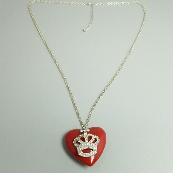 Vintage Red Heart with Rhinestone Crown Pendant and Long Chain Adjustable Length - Picture 2 of 10